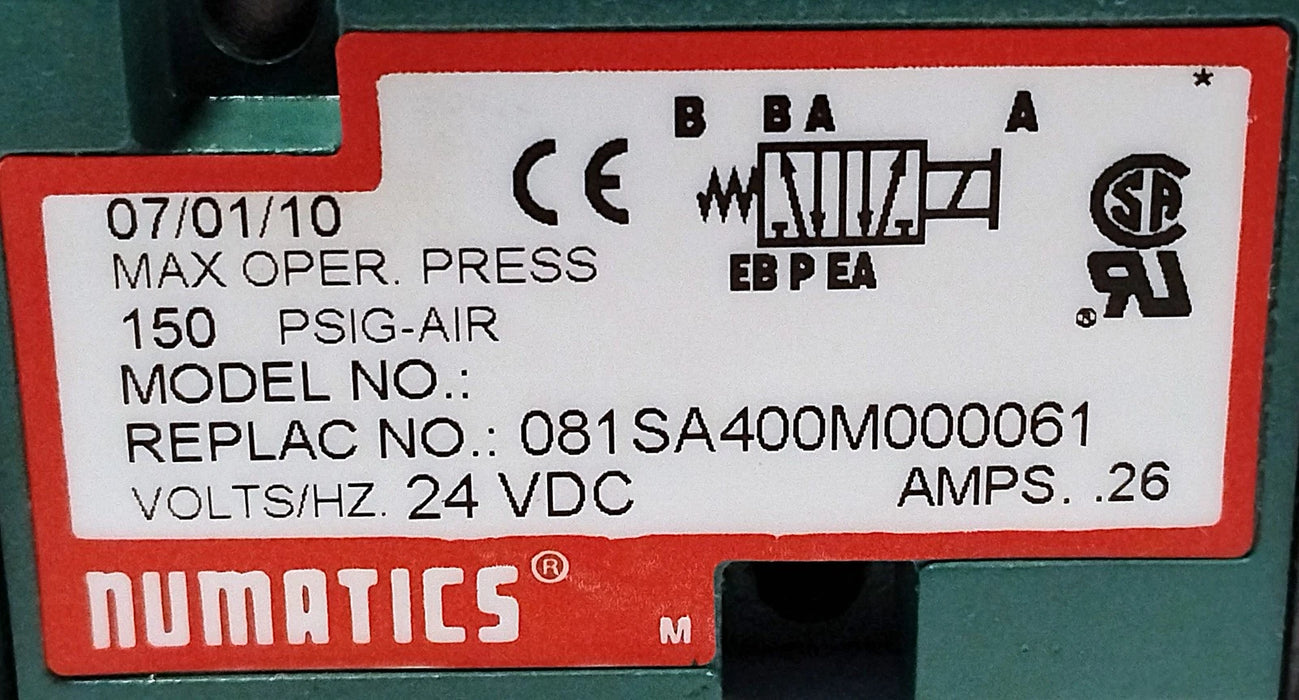 Numatics 081SA400M000061 Pneumatic Solenoid Valve w/ 24 V DC Coil
