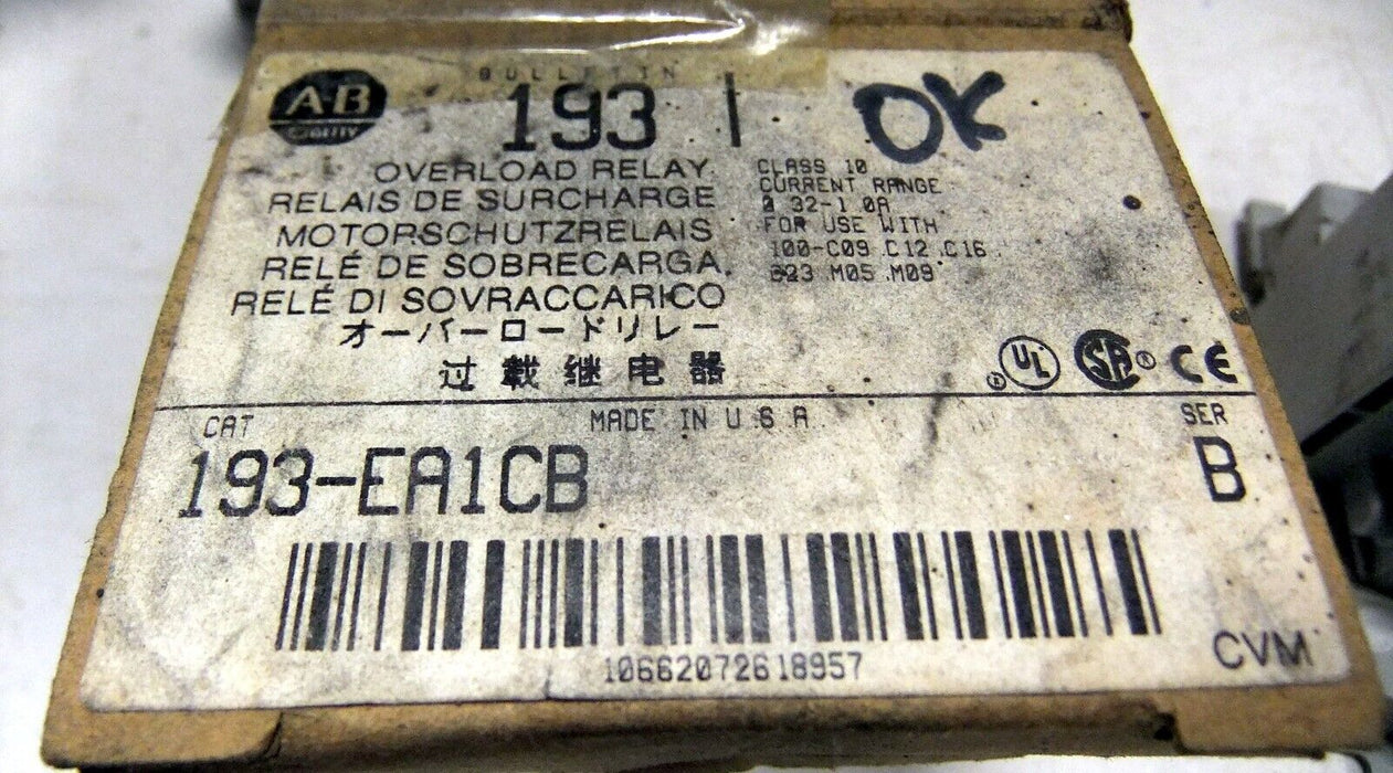 Allen-Bradley Overload Relay 193-EA1CB Manual Reset .32-1A