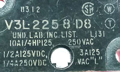 Micro Switch V3L-2258-D8 125/250 V AC/DC 10 A Roller Plunger Limit Switch