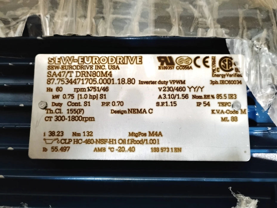 SEW Eurodrive SA47/T DRN80M4 230/460 V 1 HP 1751/46 RPM Gear Motor