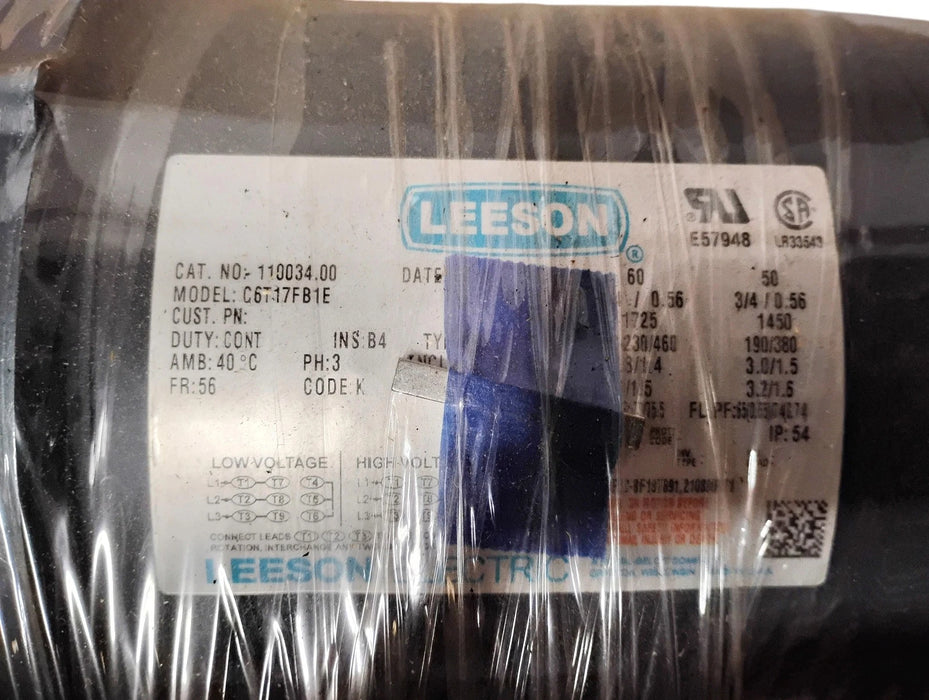 Leeson 110034.00 D21B C6T17FB1E 208-230/190/460/380 V 1725/1450 RPM 3/4 HP Motor