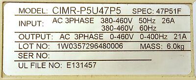 Omron CIMR-P5U47P5 P%+ Series 380-460 V AC 21 A 15 HP 3 Phase Frequency Drive