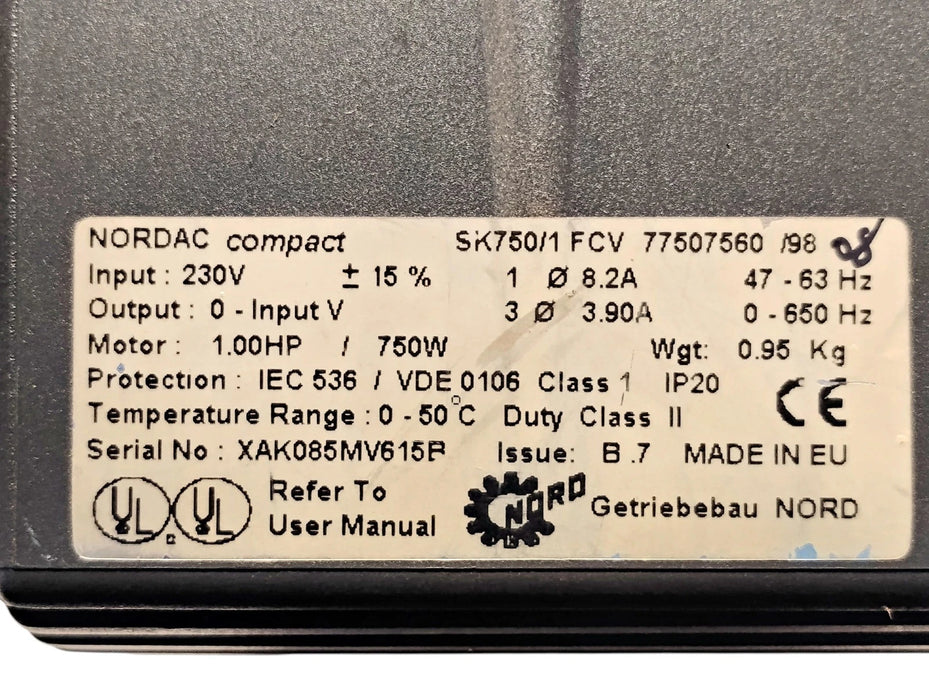 NORD SK750/1 FCV 230 V AC 1 HP 750 W Variable Frequency Drive