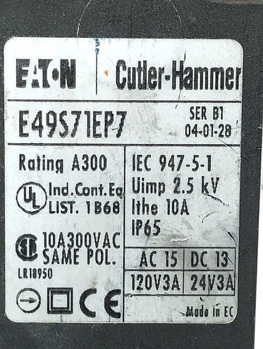 Cutler-Hammer E49S71EP7 Ser B1 10 A Roller Plunger Limit Switch