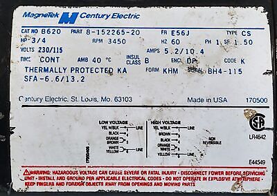 Century Electric 8-152265-20 B620 115-230 V 3/4 HP 3450 RPM Motor w/ Pump Head