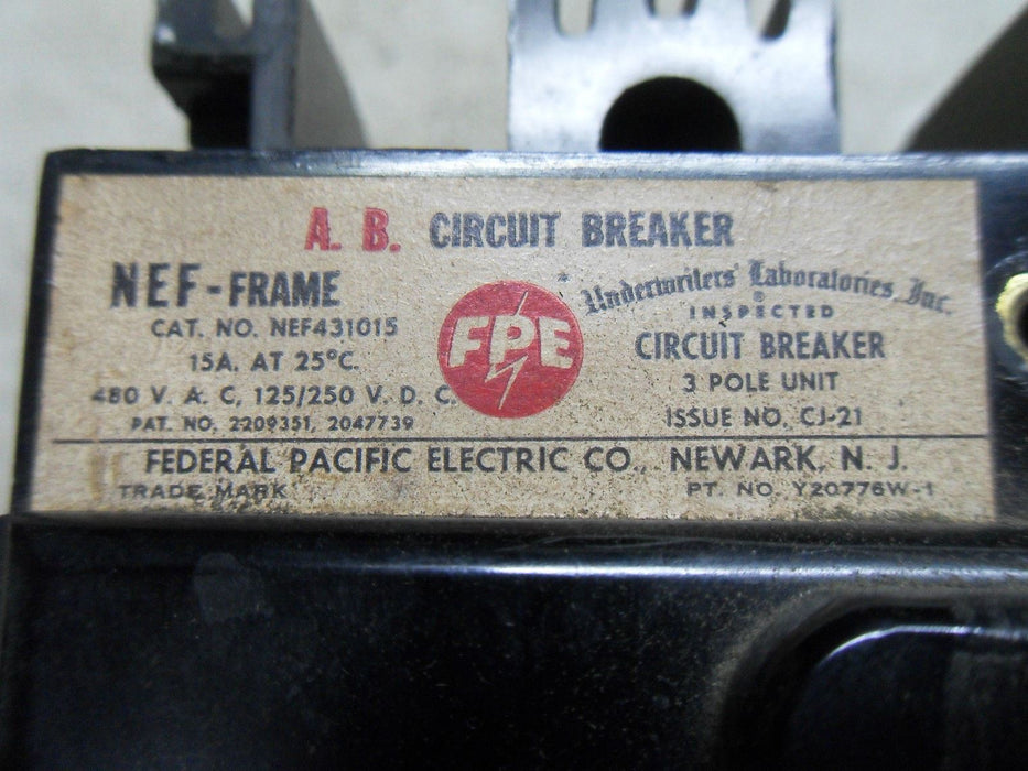 FPE NEF431015 3 POLE 15A 480 VAC 125/250 VDC Circuit Breaker