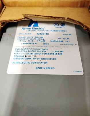 Acme Electric T253011S 240/480 120/240 V NEMA 3R Dry Distribution Transformer