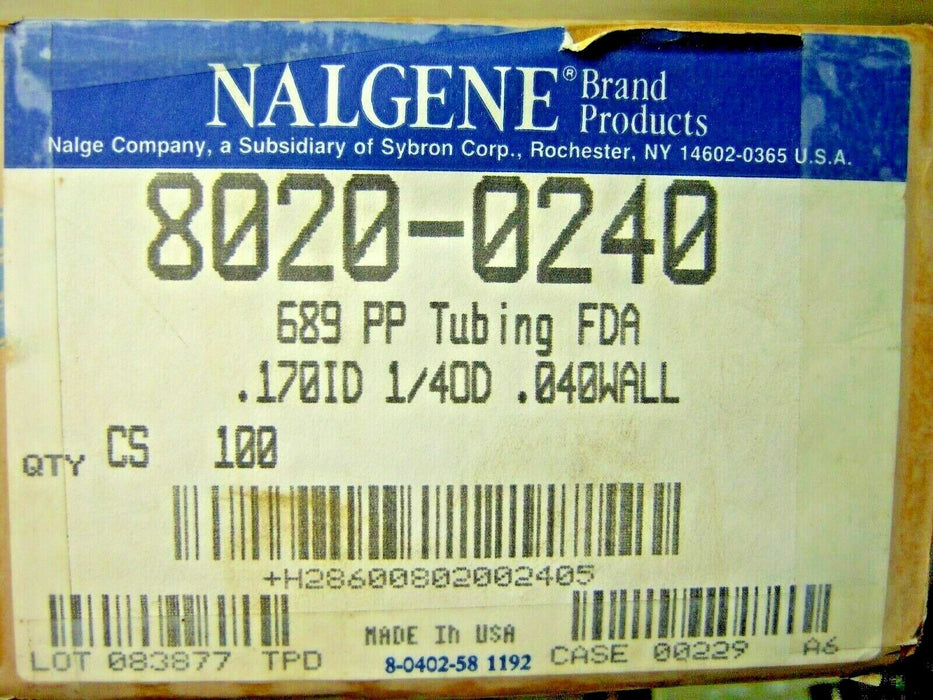 Nalgene 689Pp Tubing 8020-0240 50 + Feet 0170Id 1/4 Od .040Wall
