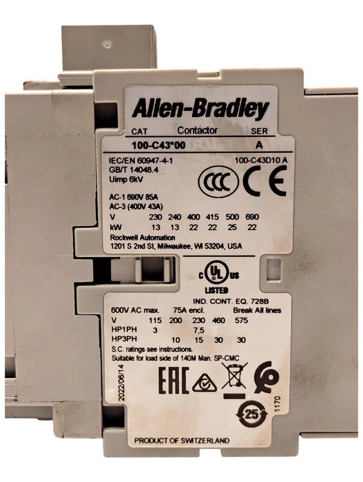 Allen-Bradley 100-C43D00 400 V AC 43 A Contactor w/ 110/120 V AC Coil and 100-S