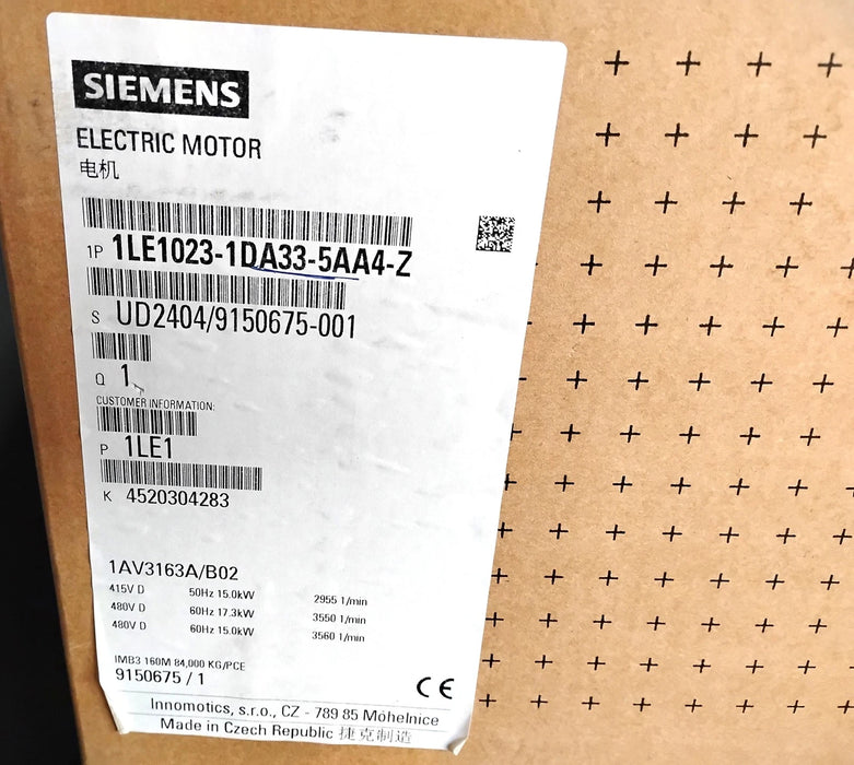 Siemens 1AV3163A 1LE1023-1DA33-5AA4-Z 415/480 V 20HP 15kW 3560RPM Low Volt Motor