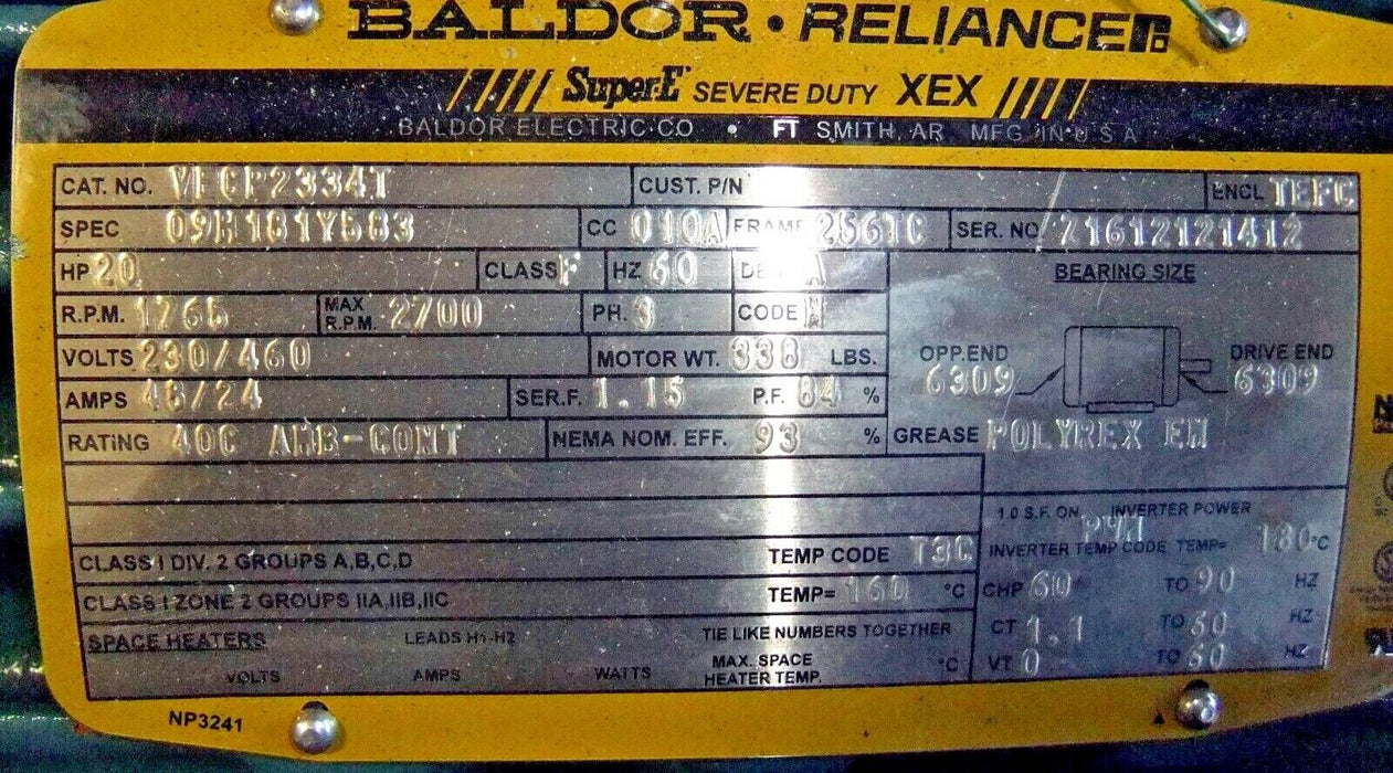 Baldor 20 HP Motor VECP2334T Totally Enclosed