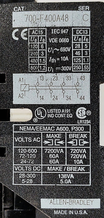 Allen-Bradley 700-F400A48 600 V 10 A Relay w/ 110/120 V AC Coil