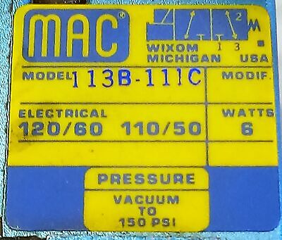 MAC Valves 113B-111C 110/120 V AC 50/60 Hz Pneumatic Solenoid Valve