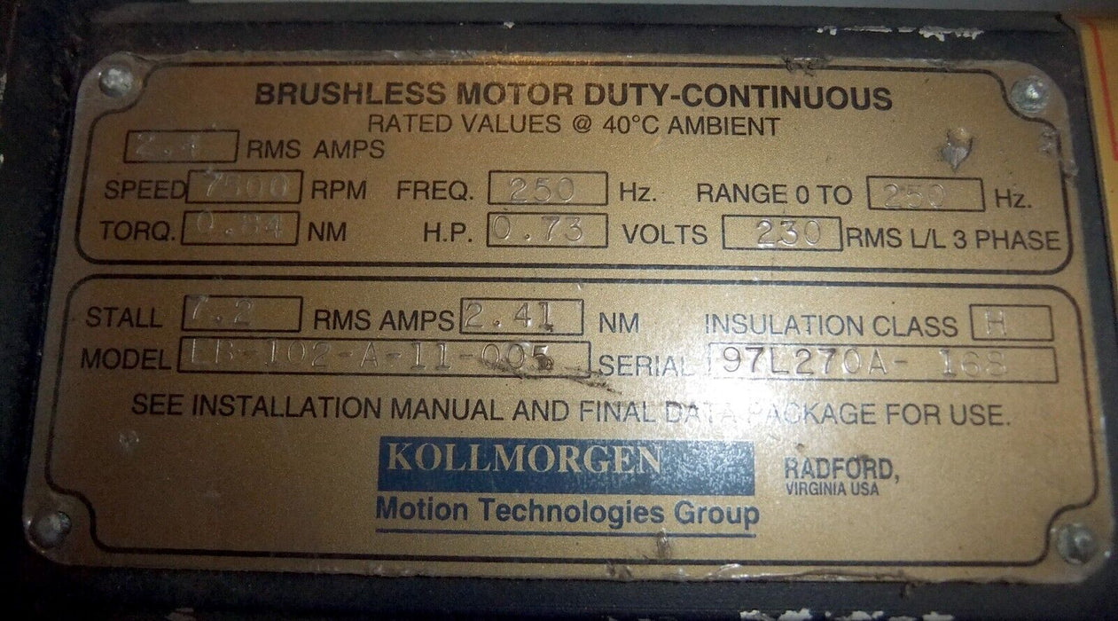 Kollmorgen EB-102-A-11-005 Brushless Servo Motor 7500 RPM