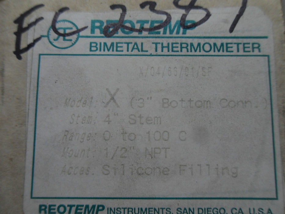 Reotemp Model X Bimetal Thermometer 0-100 Degrees Celsius