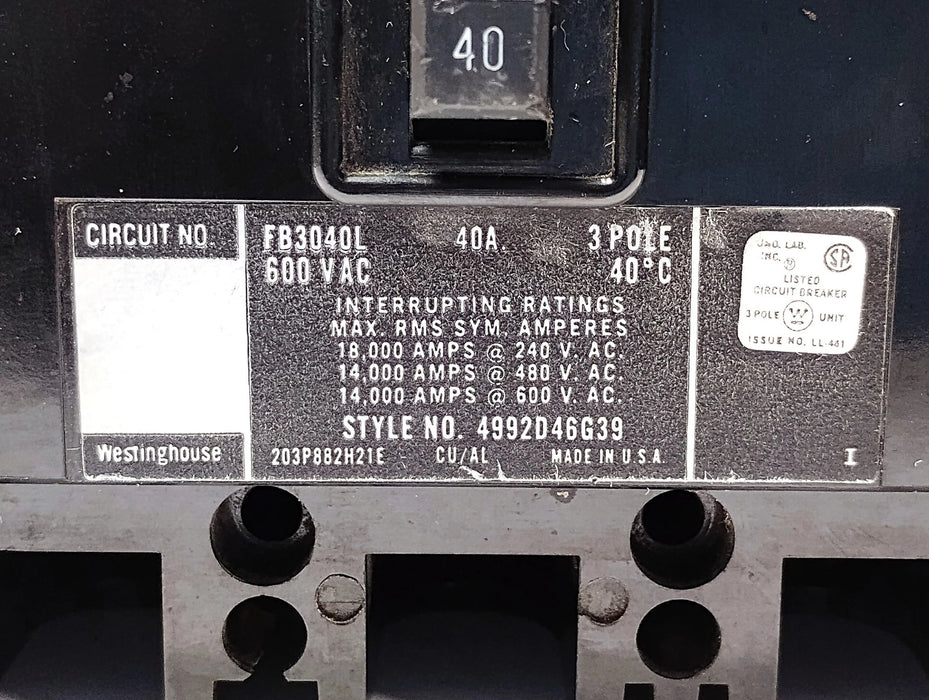 Westinghouse FB3040L 600 V AC 40 A 3-Pole 3-Phase Circuit Breaker