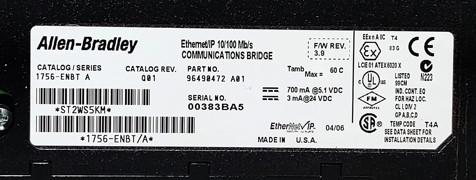Allen-Bradley 1756-ENBT Ser A Rev Q01 24VDC 10/100 Mb/s Communications Bridge