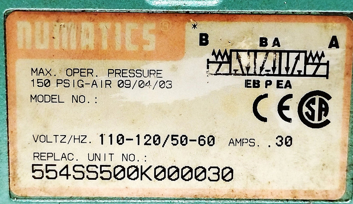 Numatics 554SS500K000030 150 psi Solenoid Valve w/ 100-120 V AC Coils