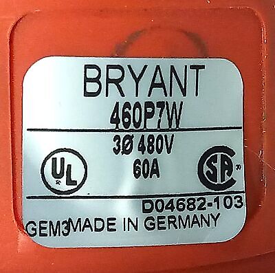 Bryant 460P7W 480 V AC 60 A 4 Wire Industrial Grade Male Locking Plug