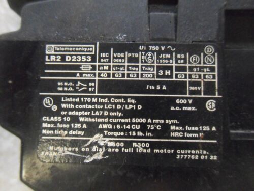 1 TELEMECANIQUE LC1 D25 10 CONTACTOR W/ LR2-D2353 & LA1-DN20