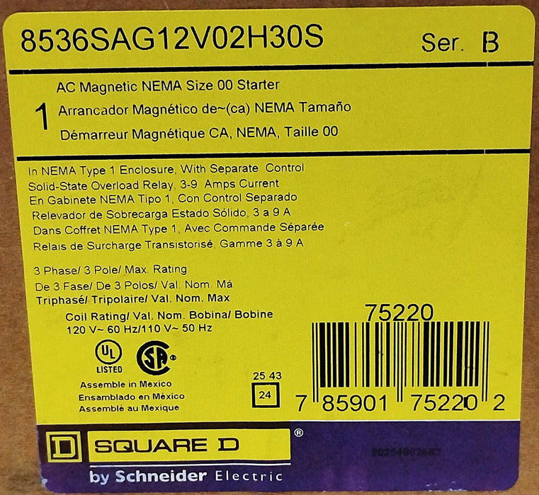 Square D 8536SAG12V02H30S 600 VAC 9 A Non-Reversing Starter w/ 120 V AC Coil