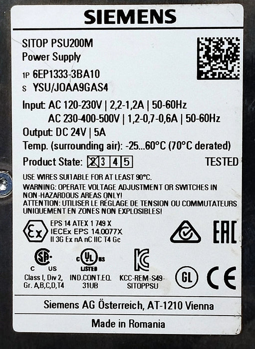 Siemens 6EP1333-3BA10 SITOP PSU200M Power Supply w/ 120/230-500VAC In 24VDC Out