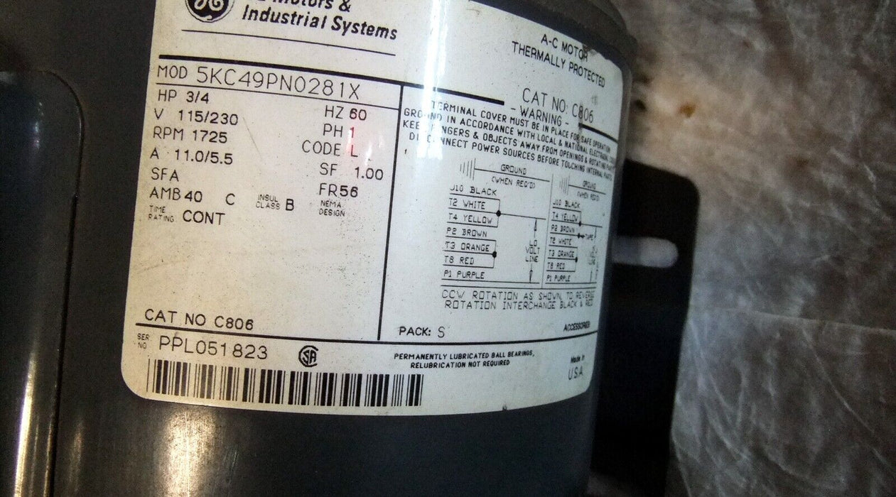 GE Single Phase 3/4 HP Motor 5KC49PN0281X