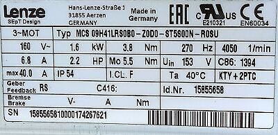 Lenze MCS09H41LRS0B0-Z0D0-ST 160 V 6.8 A Motor with GST05-2S-VBR-09HC41 Gearhead
