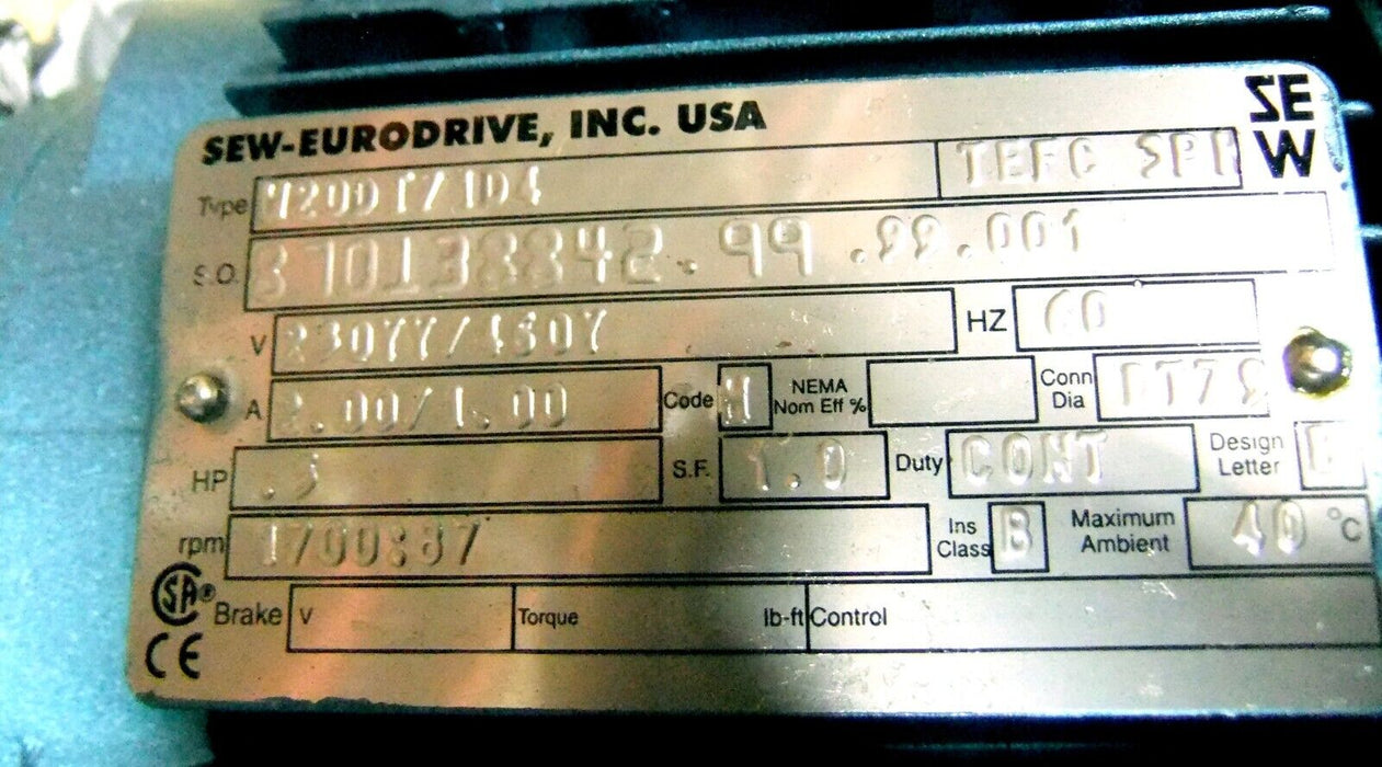 Sew Eurodrive W20DT71D4 Gear Motor .5HP