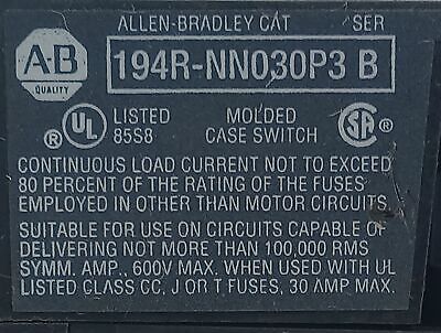 Allen-Bradley 194R-NN030P3 Ser B 600V 30A Disconnect Switch