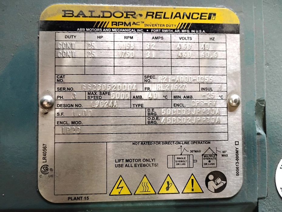 ABB Baldor R21-A000-0355 460 V 25 HP 1750 RPM RL2162Z DPG-FV Inverter Duty Motor
