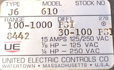 United Electric J6-610 125/250 V AC 30-100 psi Differential Pressure Switch