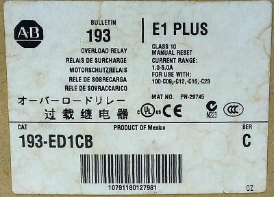 Allen-Bradley 193-ED1CB Class 10 1-5 A Overload Protection Relay w/ Manual Reset
