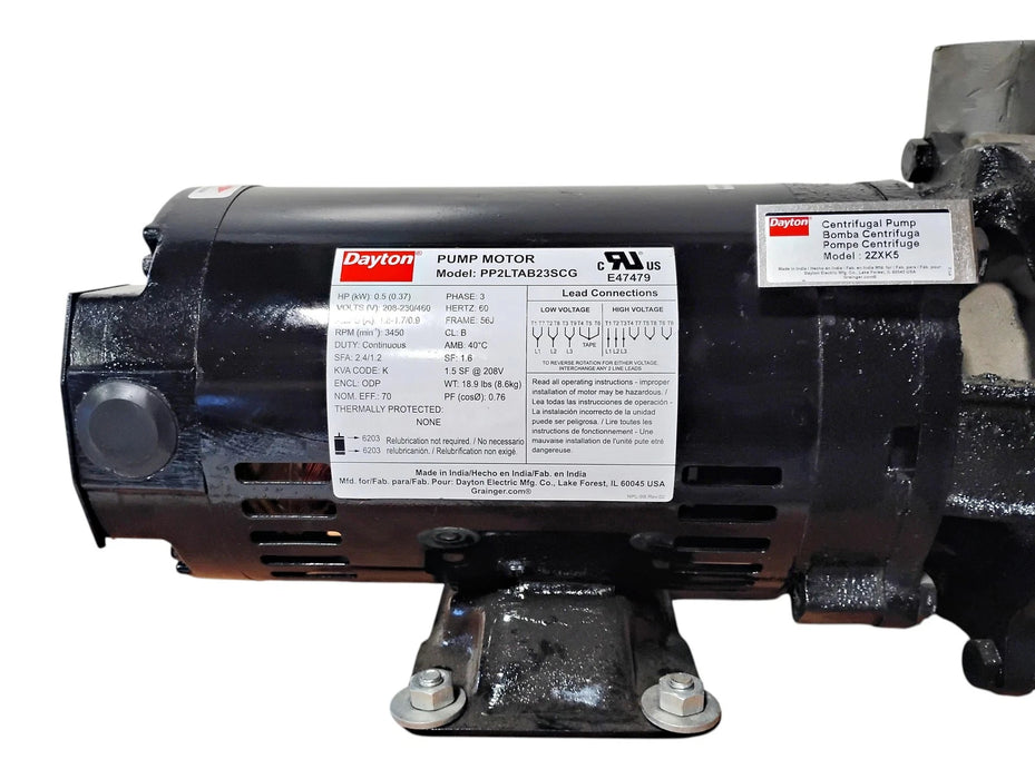 Dayton 2ZXK5 208-230/460 V 1/2 HP 3 PH 3450 RPM Stainless Steel Centrifugal Pump