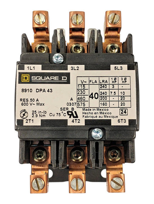 Square D 8910DPA43V02 600 V 40 A Definite Purpose Contactor w/ 110/120 V AC Coil