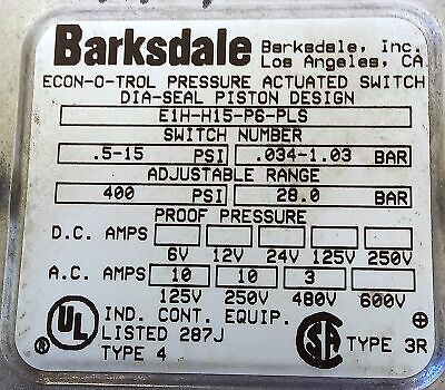 Barksdale E1H-H15-P6-PLS 125/250/480 V AC 10 A 0.5-15 psi Pressure Switch