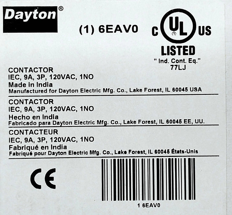 Dayton 6EAV0 600 V AC 9 A Non-Reversing IEC Contactor w/ 120 V AC Coil
