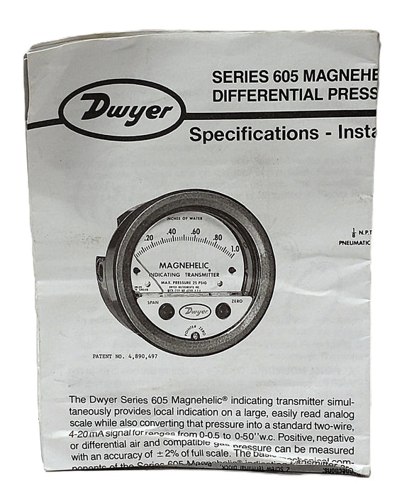 Dwyer 605-1 Magnehelic 0-1.0 inH2O 1/8 NPT Differential Pressure Gauge
