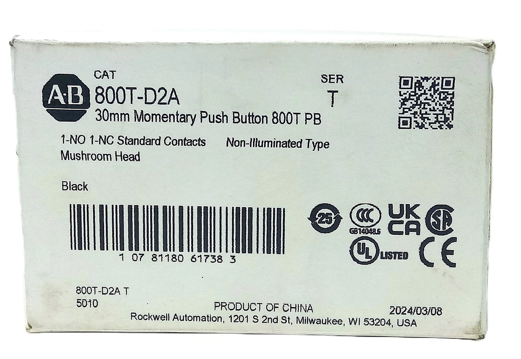 Allen-Bradley 800T-D2A 30 mm Mushroom Head Pushbutton w/ 1 NO and 1 NC Contacts