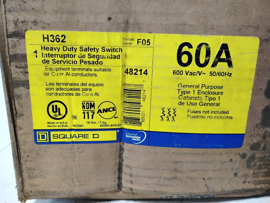 Square D H362 60 A 600 V 3 P Heavy Duty Fusible Safety Switch