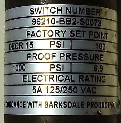 Barksdale 96210-BB2-S0073 Pressure Switch