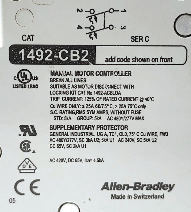 Allen-Bradley 1492-CB2-G100 480Y/277V 10 A 2-Pole Supplementary Protector