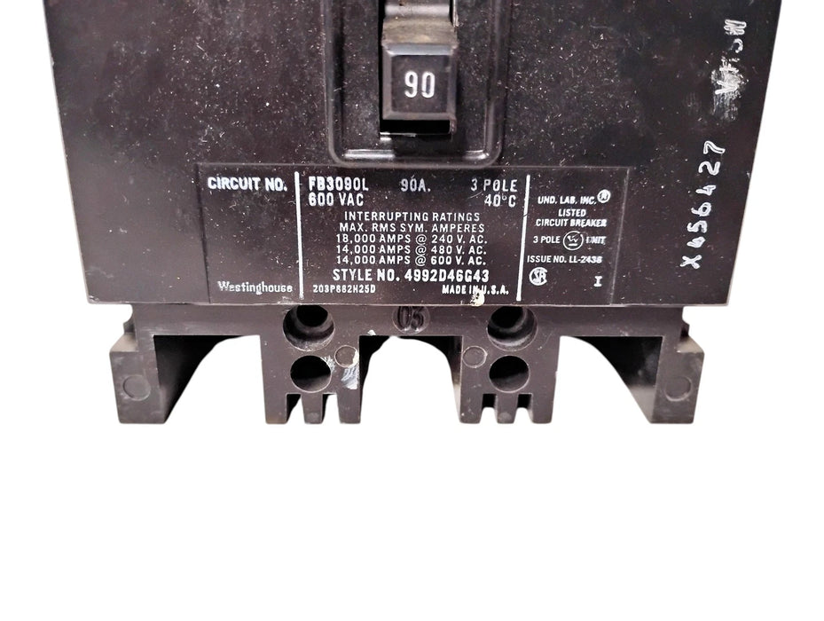 Westinghouse FB3090L 600 V AC 90 A 3-Pole Circuit Breaker