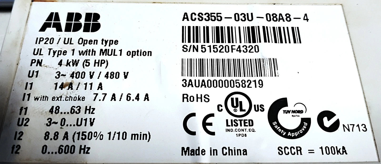 ABB ACS355-03U-08A8-4 380-480 V AC 8.8 A 5 HP Variable Frequency Drive