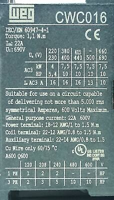 WEG CWC016-00-22V18 CWC016.10E 16 A IEC Miniature Contactor w/ 110/120 V AC Coil