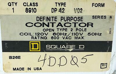 Square D 8910-DP-42-V02 600VAC 2 Pole Definite Purpose Contactor w/ 120VAC Coil