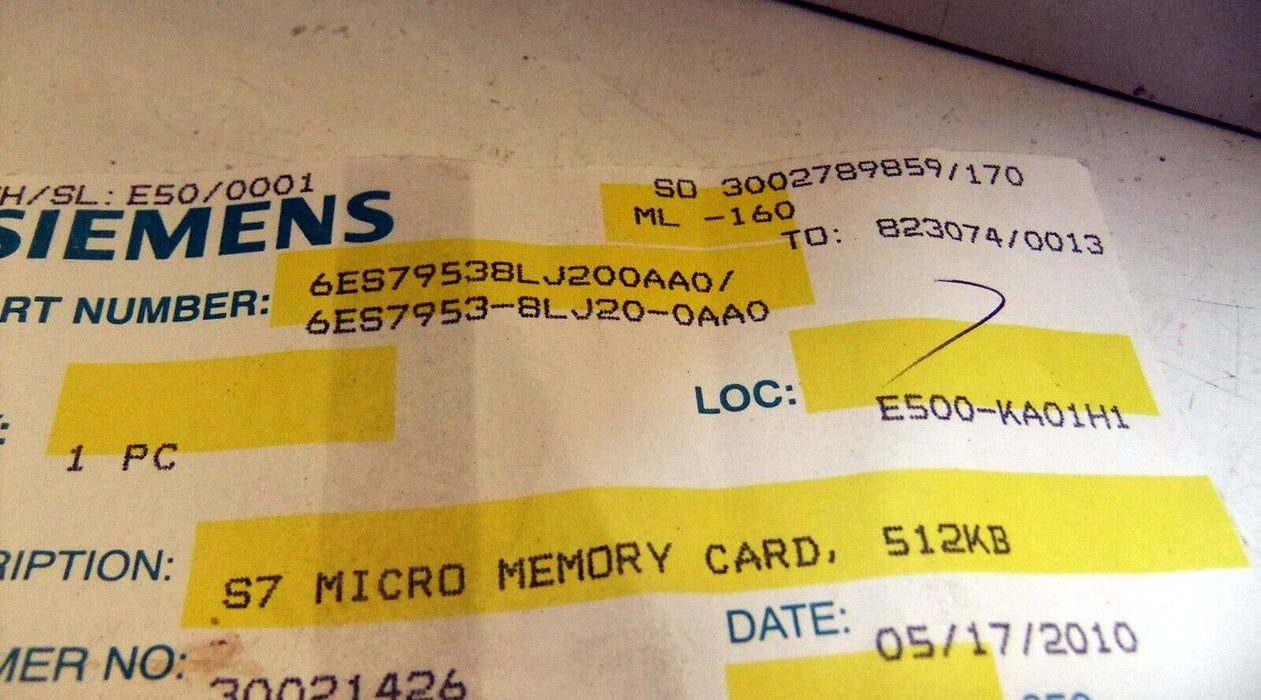 Siemens 6ES7953-8LJ20-0AA0 Micro Memory Card 512KB