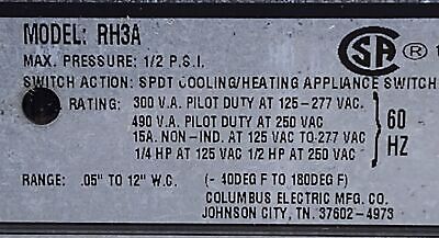 Columbus Electric 2E462A SPDT Air Flow Switch w/ Tubing