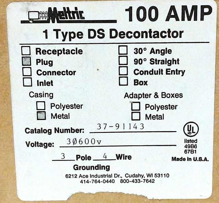 Meltric 37-91143 600 V AC 3 Phase 100 A 3 Pole 4 Wire Electrical Plug