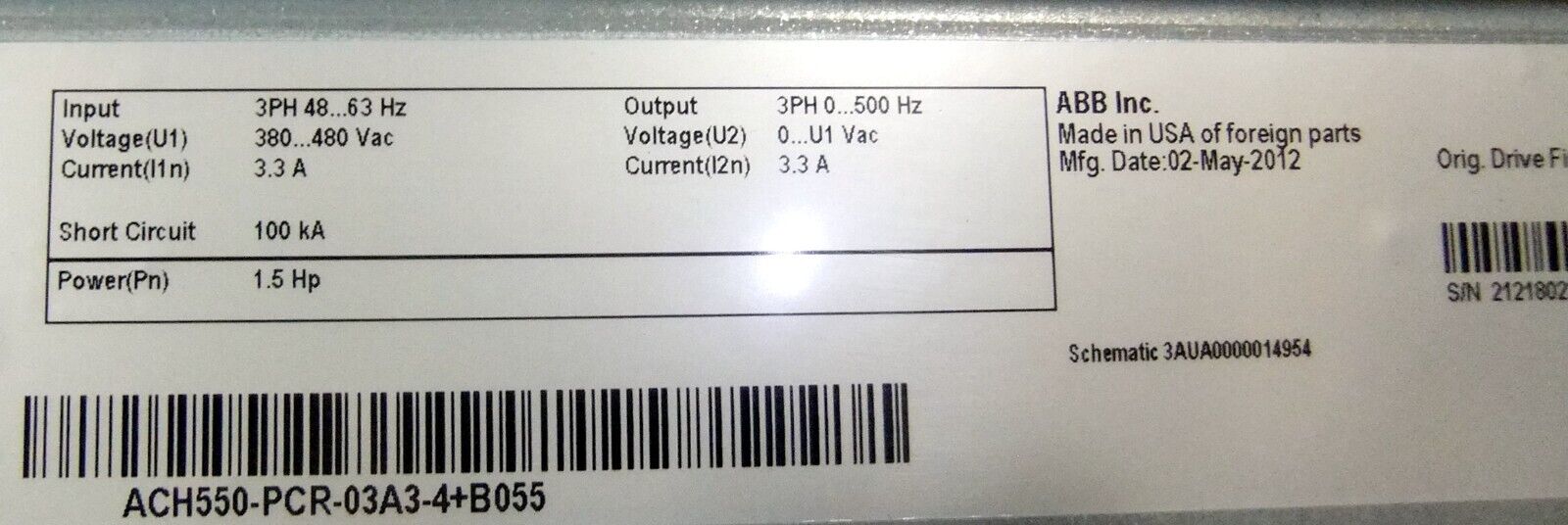 ABB AC DRIVE ACH550-PCR-03A3-4-B055 1.5 HP